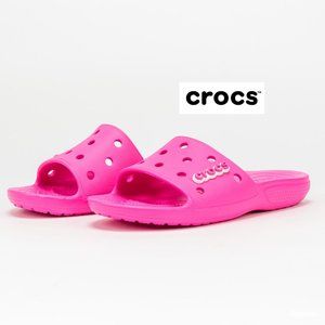NWT CROCS UNISEX MEN 10 Women 12 Electric Pink Classic Crocs Slide LOGO Jibbitz